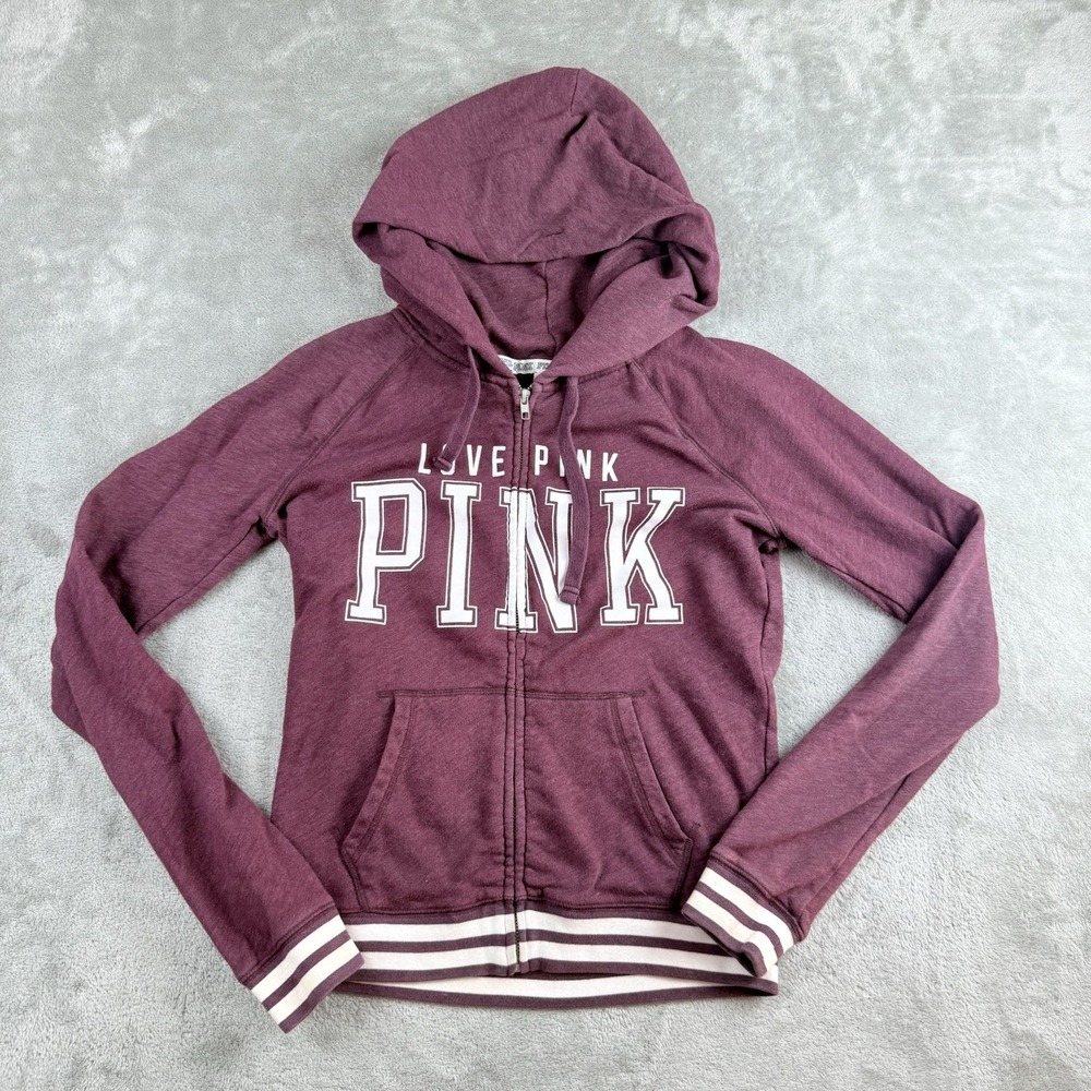 Victorias Secret Pink Jacket Womens Small Burgundy‎ Full Zip Hoodie Love Pink